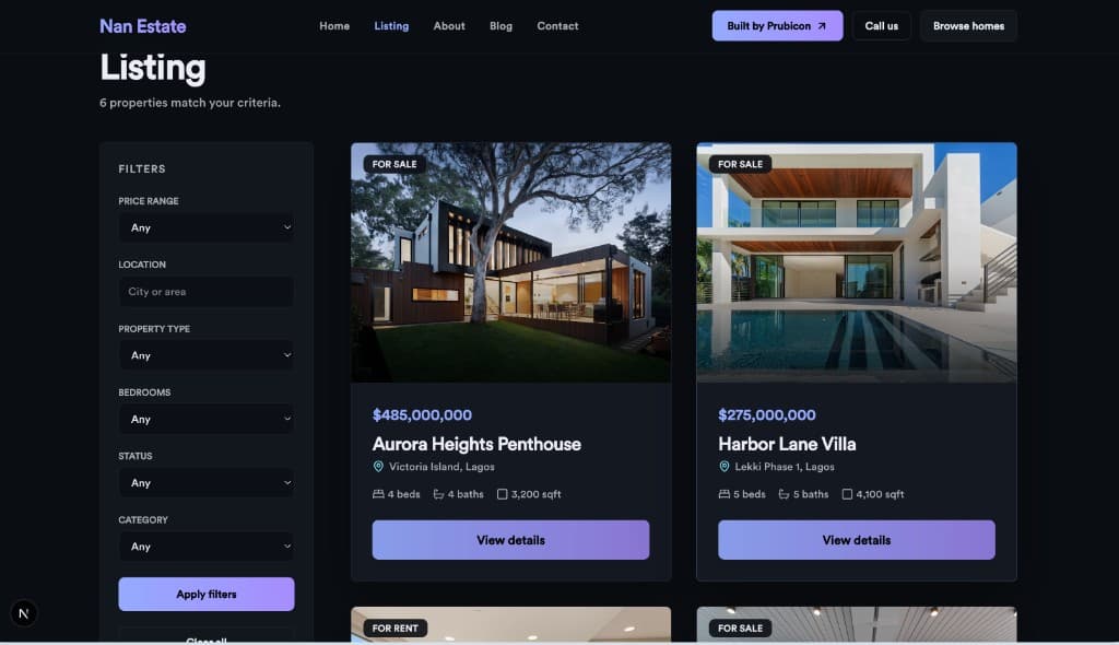 Nan Estate listing page built on Prubicon, with filters and property cards